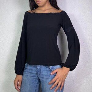 Y2k NECESSARY OBJECTS BLACK WIDE NECKLINE BALLON SLEEVE TOP